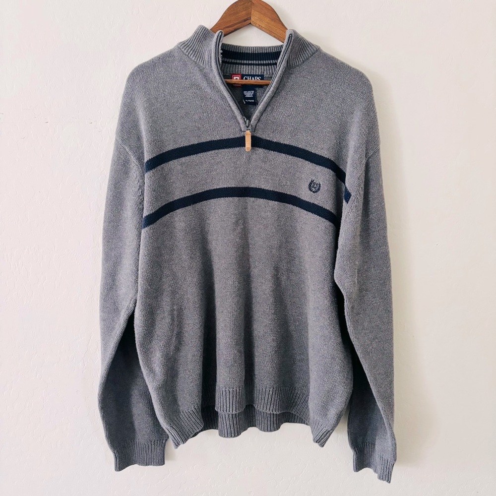 Chaps Men's Gray Half-Zip Striped Cotton Thick Preppy Sweater Size XL